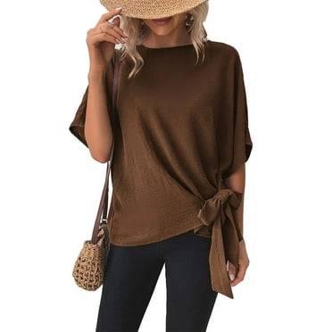 Women Summer Top Knotted Hem Back Pleated Midline Keyhole Back Half Sleeves Round Neck Summer Shirt Top Coffee Color S