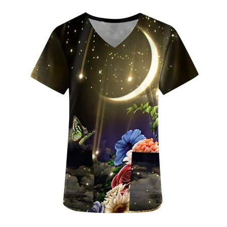 

Simplmasygenix Women Tops Summer Clearance Women s Fashion Short Sleeve V-Neck Tops Working Uniform Printing Pocket Blouse Tops
