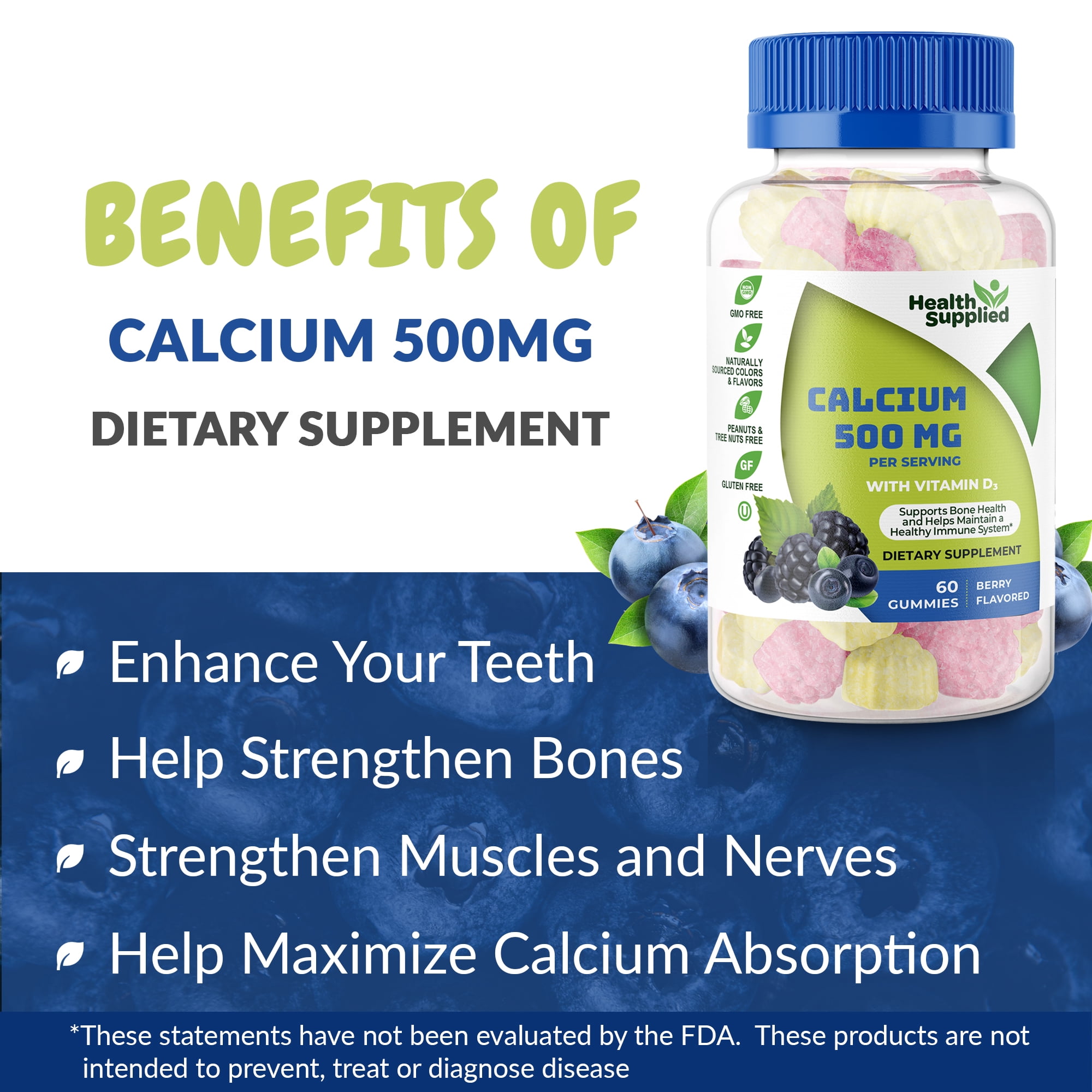 Health Supplied Calcium 500mg with Vitamin D3 1000 IU Gummies, Orange and Raspberry, 120 Count
