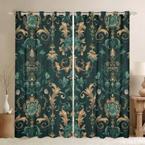 Feelyou Green Gold Damask Black Out Curtains for Women, Hippie Rustic Flower Curtains Pack of 2 (42x63 Each), Retro Bohemian Style Bedroom Curtains, Window Curtains Home Decor
