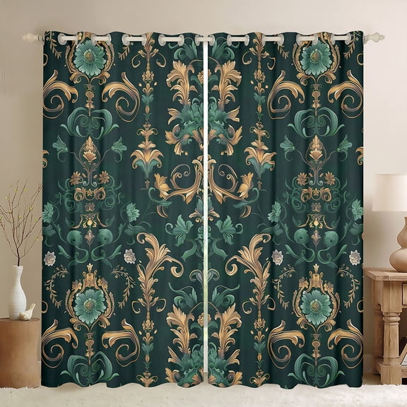 Feelyou Green Gold Damask Black Out Curtains for Women, Hippie Rustic Flower Curtains Pack of 2 (42x63 Each), Retro Bohemian Style Bedroom Curtains, Window Curtains Home Decor