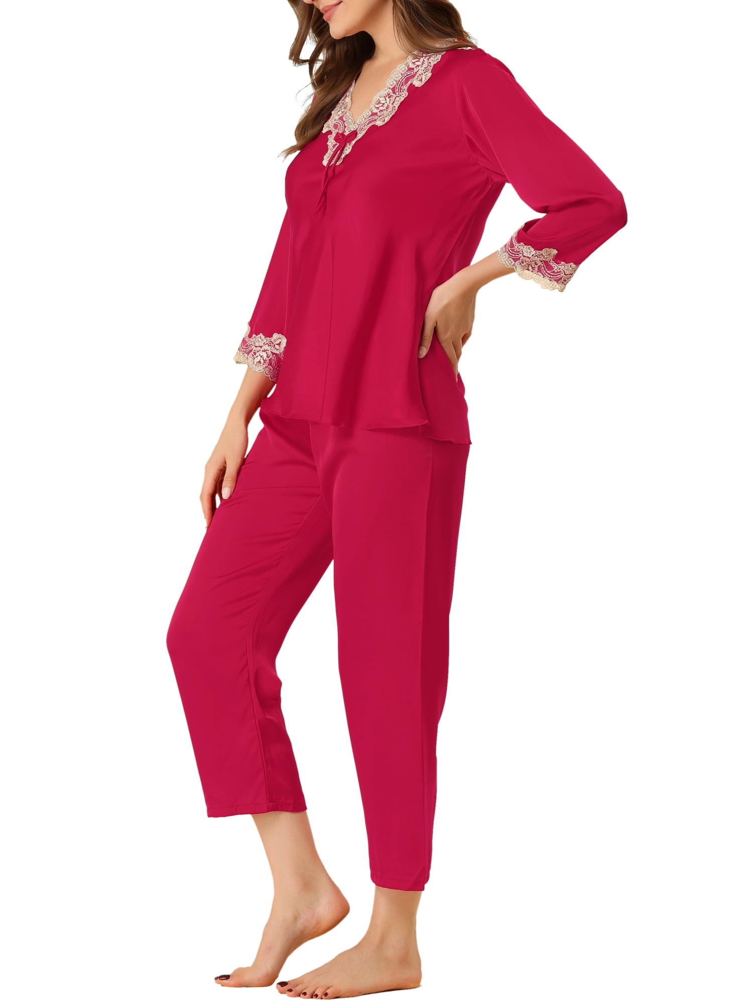 Unique Bargains Women’s Satin Pajama Lace Trim Night Suit Lounge Sleepwear Sets