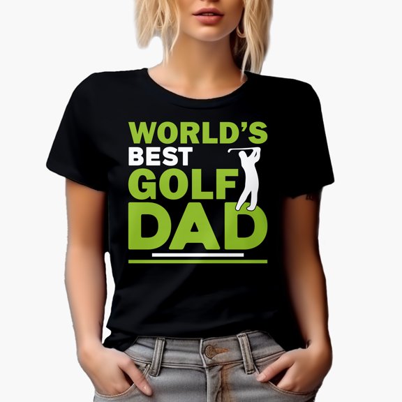 World's Best Golf Dad with a Swinging Man or Father Golf Player, Golfing or Golfer Themed Merch Gift, Black T-Shirt, Small