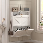 Marcree Metal Shoe Cabinets with 2 Flip Drawers, Hidden Cabinet Organizer for Shoes, Entryway Table with Shoes Storage, Wall-Mounted Shoe Cabinet for Hallway, Bedroom, Doorway, White