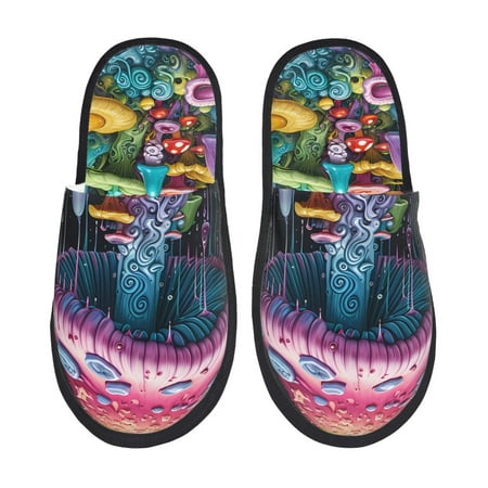 Balery Colorful Mushroom Slient Indoor Furry Fleece Comfort House Shoes Soft Non-Slip Home Shoes Cotton slippers House Slippers-- Large