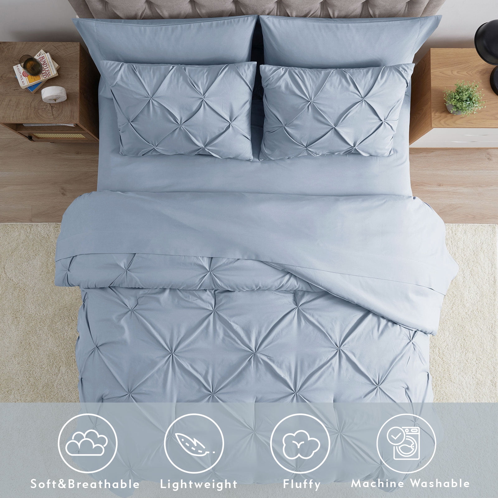 Bourina 3-Piece King Size Comforter Set, Pleated Wrinkle-Resistant Microfiber Bedding, Blue,All-Season