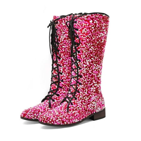

YOUSNH Women Mid Calf Boots New Pattern Fashion Sequin Decoration Retro Lace up Thick Heels Low Heels Comfortable Shoes Woman Shoes Red 6.5