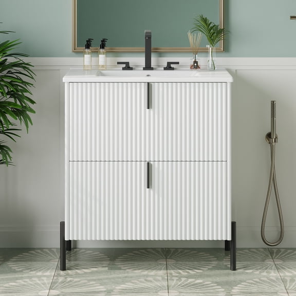 LiviNest 30" Freestanding Bathroom Vanity: 4-Zone Quiet Storage for Small Bathrooms - Full-Extension Drawers & Ceramic Sink - White Fluted Design