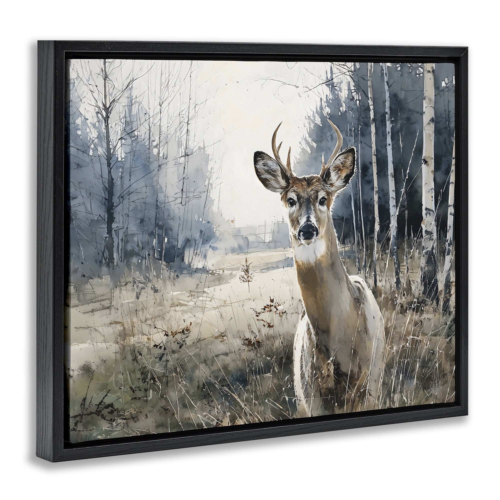 Stupell Industries Deer in Winter Wilderness Black Framed Floater Canvas Wall Art, design by Franklyn Gregory