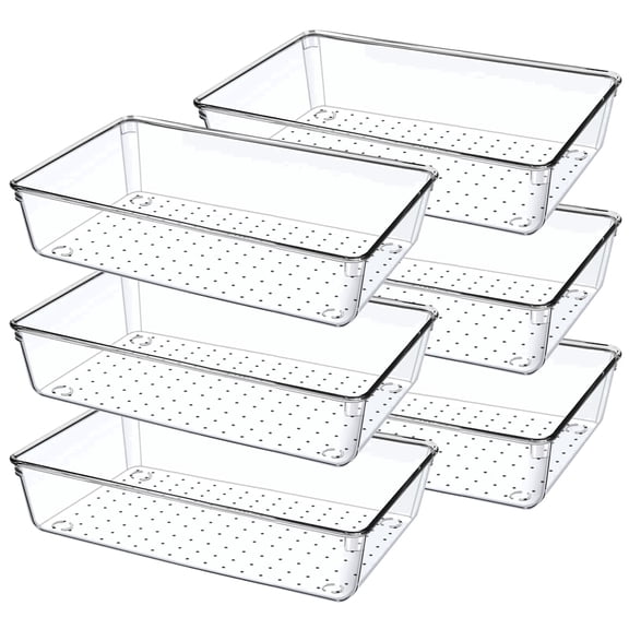 6 PCS Clear Plastic Drawer Organizer Set, Desk Drawer Divider Organizers and Storage Bins for Makeup, Jewelry, Gadgets for Kitchen, Bedroom, Bathroom, Office