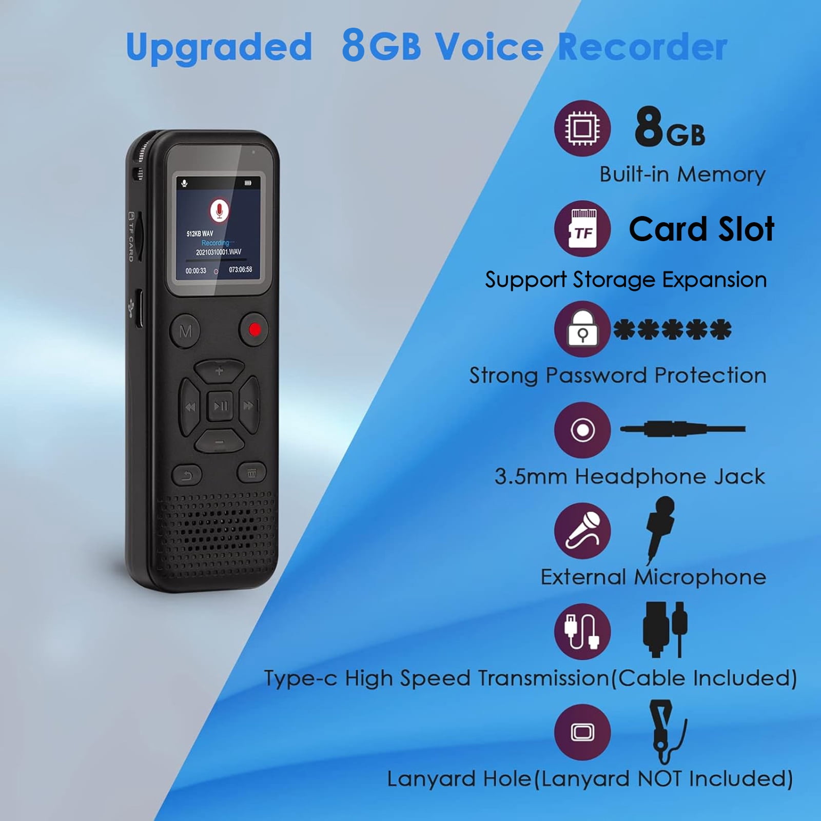 RONY 8GB Digital Voice Activated Recorder: Portable Tape Recorder with Playback Audio Recording Device for Lectures Meetings