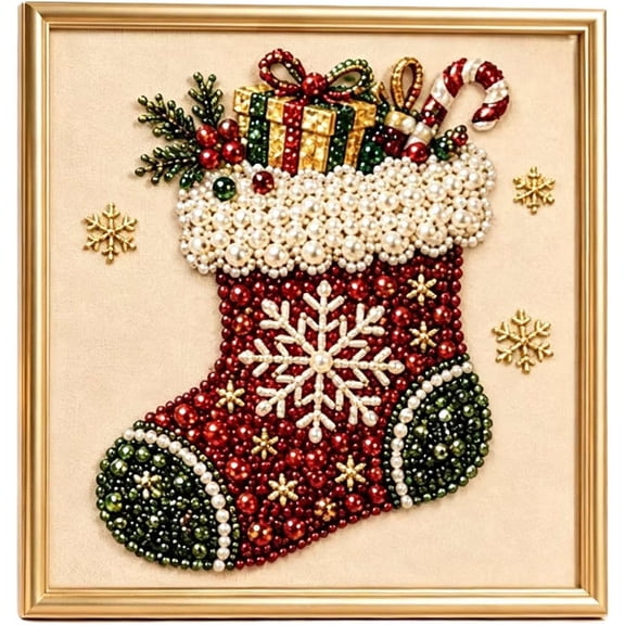 Christmas Pearl Diamond Painting Kit with Frame, DIY 3D Pearl Beads Art Craft for Adults Beginners, Home Wall Decor, Holiday Party Gift (8in, #04)
