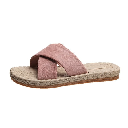 

Warm Slippers for Women Ladies Fashion Solid Color Suede Strap Straw Woven Bottom Flat Open Toe Slippers