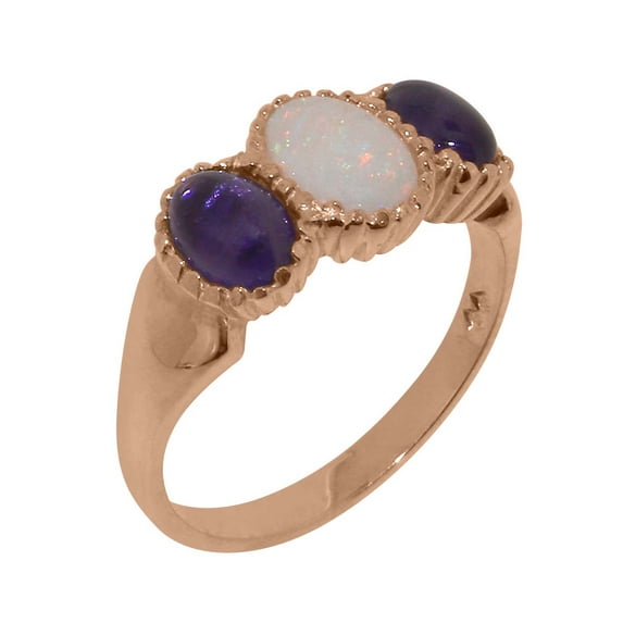 LBG British Made 18k Rose Gold Natural Opal & Amethyst Womens Anniversary Ring - 33 size options - Size 11.5