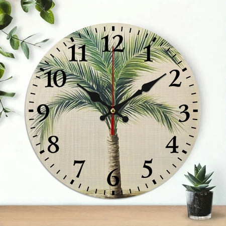 Chilfamy 10 Inch Round Wooden Wall Clock with Palm Tree Print, Silent Mechanical Movement - Ideal for Home Decor in Living Rooms, Kitchens, Dorms - Perfect Everyday Gift 10x10in