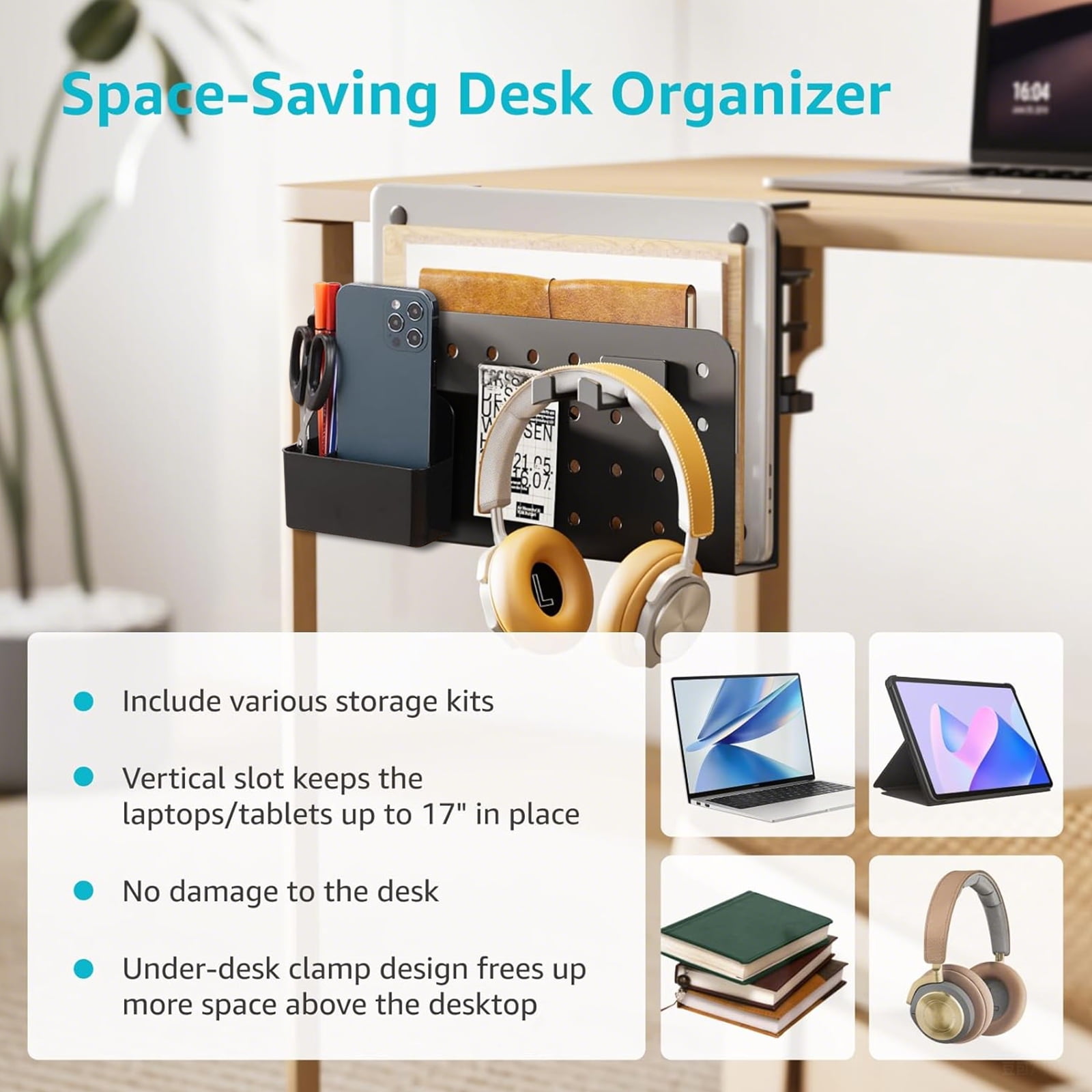 Desk Side Storage Organizer, No Drill Under Desk Laptop Holder, Clamp on Desks Shelf with Pegboard Accessories, Hanging Laptop Mount, Fits Flat Edge 0.4" to 2.2", Black