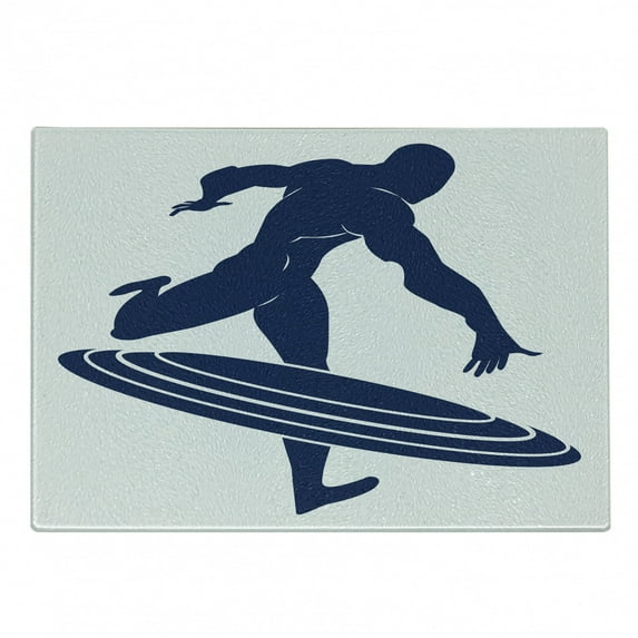 Superhero Cutting Board, Muscle Man Hero Throws His Frisbee Muscular Silhouette Disc Sports Theme, Decorative Tempered Glass Cutting and Serving Board, Small Size, White Navy Blue, by Ambesonne