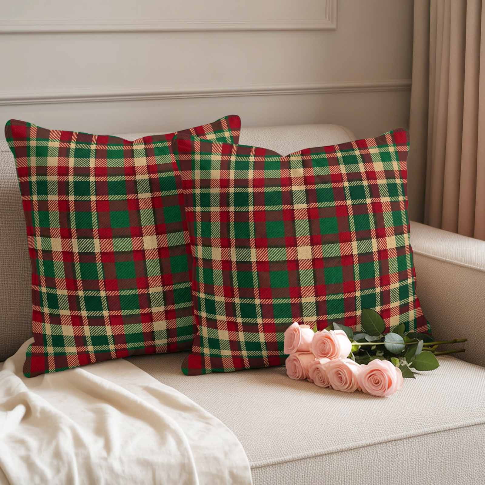Autumn Plaid Outdoor Waterproof Pillow Covers, Red Green Tartan Gingham Farmhouse Checkered Decorative Square Throw Pillowcase Sofa Cushion Sham for Patio/Couch/Chair, 20"x20" 2 Pack