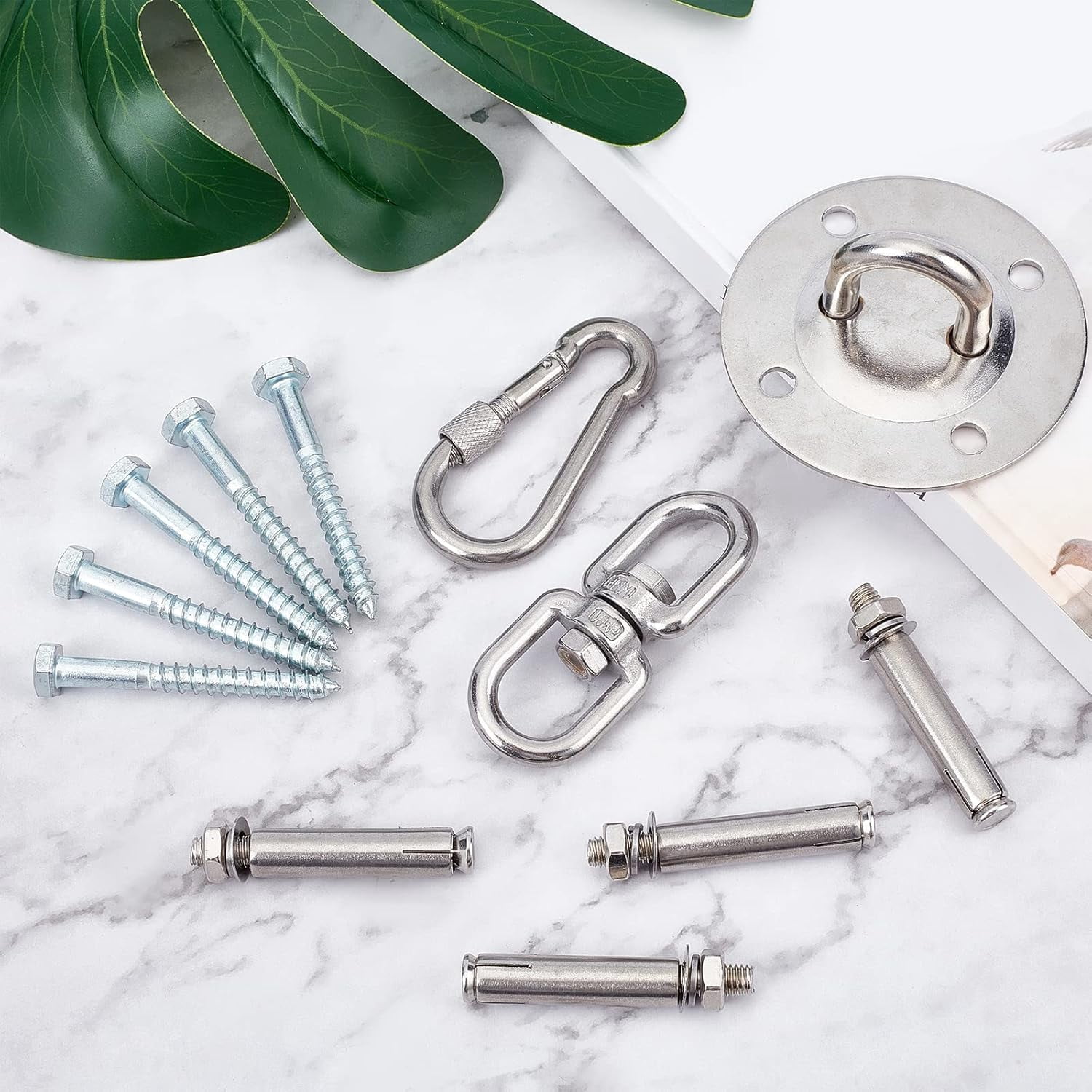 1 Set Heavy Duty Swing Hangers Set 304 Stainless Steel Swing Hardware Hooks Yoga Hooks 360° Rotate with Spring Clasps and Screws for Concrete Wooden Sets Playground Porch Seat Trapeze Yoga Hammock
