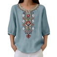 thumbnail image 3 of Holzkary Women's Summer Linen Shirts V Neck Blouses Work Tees Mexican Shirts Retro Embroidered Boho Tops Summer Gauze Shirts Breathable Office Work Tops Boho Shirts Peasant Tops Soft Floral Top, 3 of 9