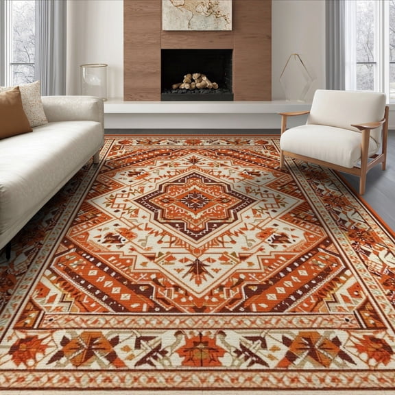 ODIKA 8'x10' Washable Area Rug Orange Burnt Boho Fall Halloween Terracotta Vintage Bathroom for King Size Bedroom Under Bed, Master Suite, Non-Shedding, Easy Care