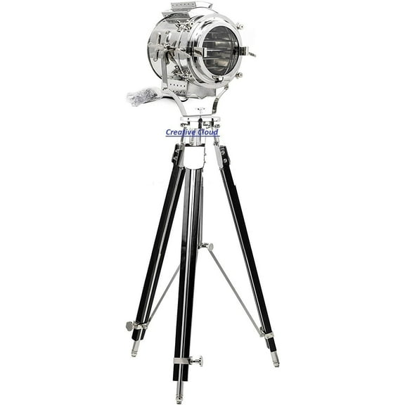 Big Industrial Chrome& Polish Finish Spot Light Floor Lamp With Wooden Adjustable Tripod Stand Modern Studio Floor Searchlight Home Decor