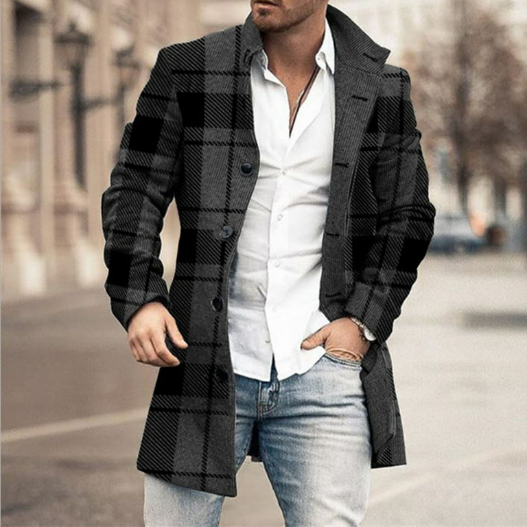 YYDGH Mens Single Breasted Plaid Trench Coat Winter Wool Blend Pea Coat Oversized Warm Lapel Work Business Jacket Outerwear Coats(Black,L)