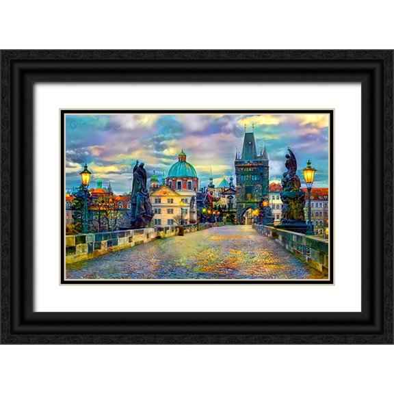 Gavidia, Pedro 14x10 Black Ornate Wood Framed with Double Matting Museum Art Print Titled - Prague Czech Republic Charles Bridge