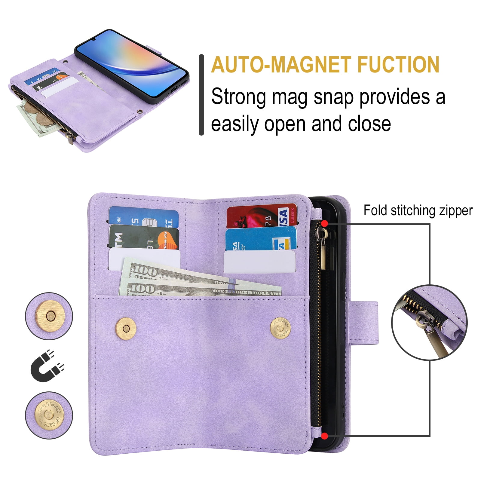 for Samsung Galaxy S24 FE Wallet Case with Card Holder for Women Men, Phone Case RFID Blocking PU Leather Flip Shockproof Cover with Shoulder + Wrist Strap Zipper Credit Card Slots Stand, Purple