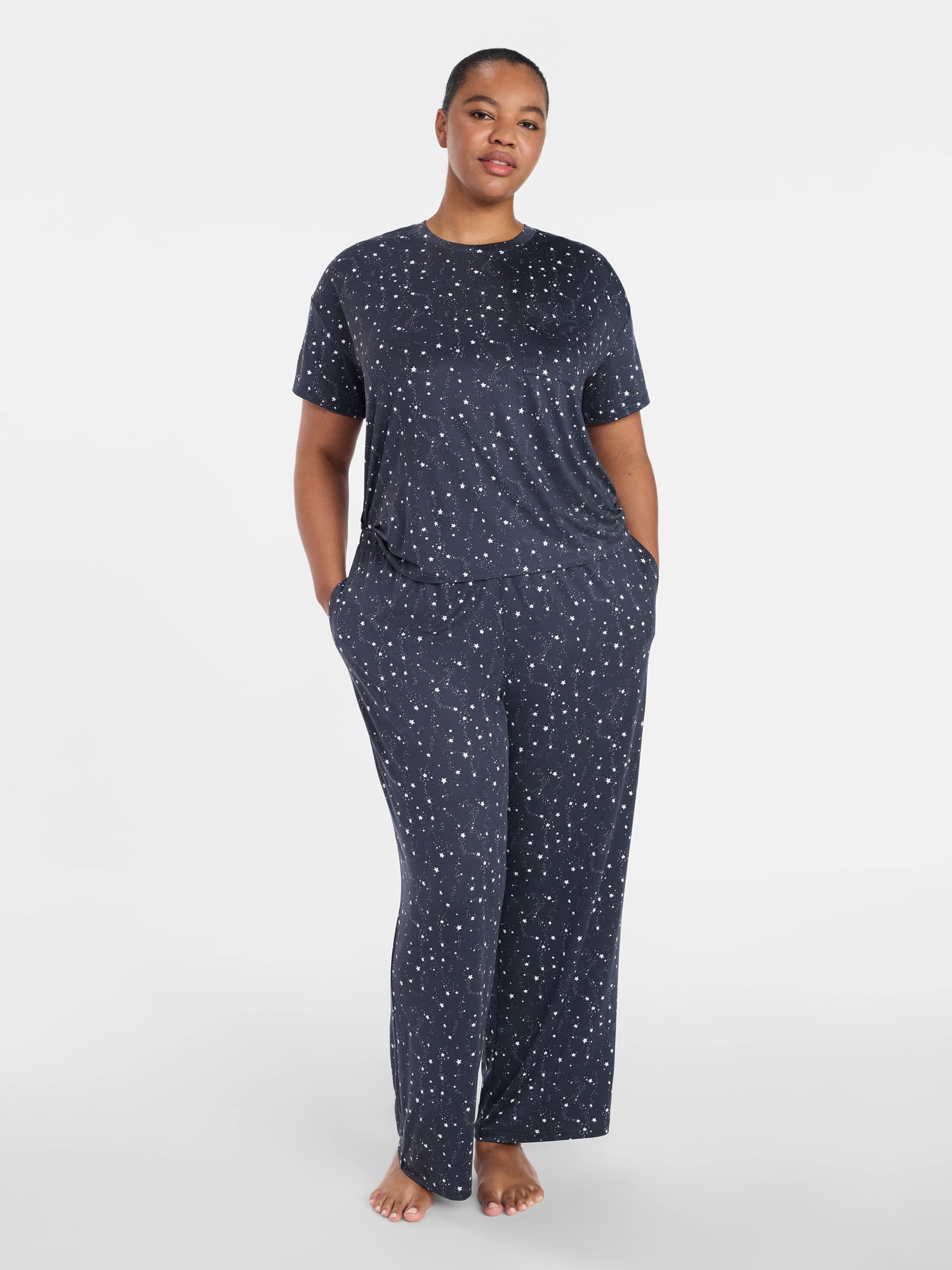 Joyspun Women's Dreamy Soft Collection Short Sleeve Sleep Top and Open Leg Pants Pajama Set, 2-Piece, Sizes XS-3X