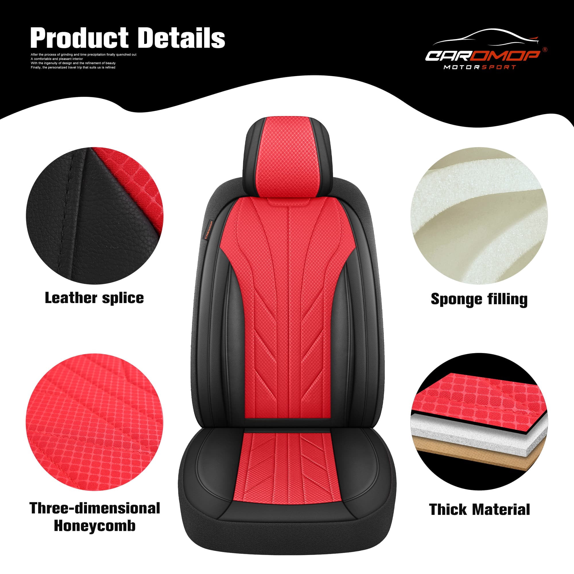 Caromop Red, Luxury Faux Leather & Fabric, Breathable 3D Foam, Armrest Covers,Airbag compatible,Full Seat Covers