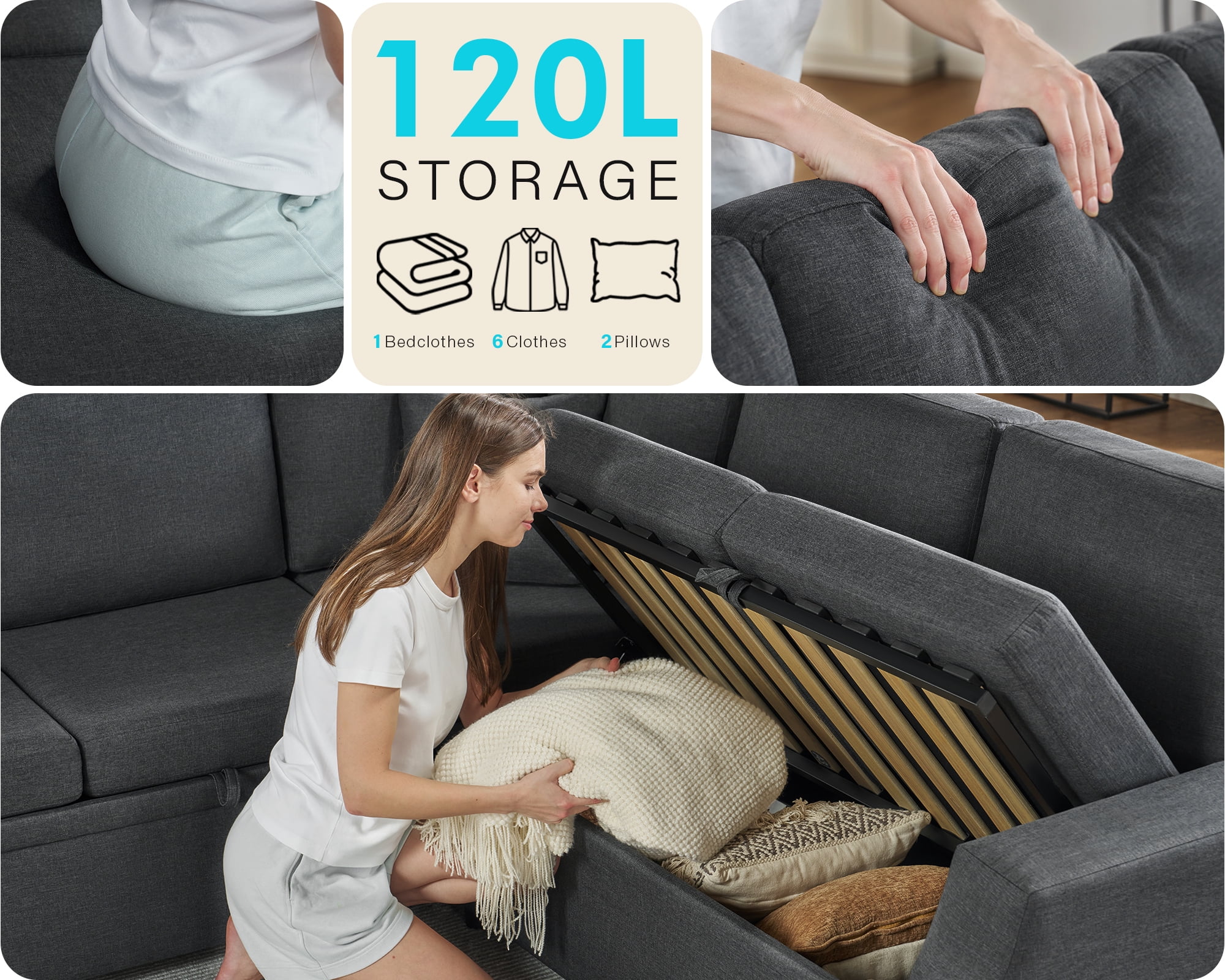 VANACC 85" L-Shaped Sleeper Sofa Bed with Storage, Grey Linen Couch