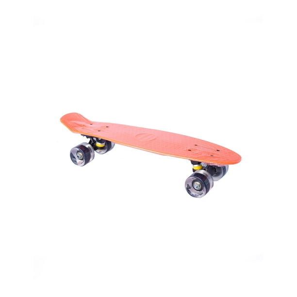 Patineta semiprofesional minicruiser tipo Penny con deck naranja trucks negros y ruedas negras transparentes Display Penny minicruiser