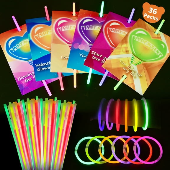 Valentines Day Gifts For Kids 36 Pcs Valentines Glow Sticks with Valentine's Day Cards and Bracelet Connectors Valentine Exchange Cards for Students, Classroom and Valentines Party Favors (6 Colo
