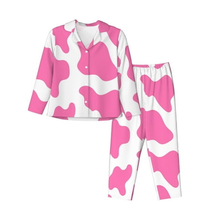 Pajamas for Women Set - cow pink print 90s 00s style Comfy Long Sleeve Button Up Pajama Sets for Women 2 Piece  Soft Sleepwear Nightwear Pjs Lounge Sets for Women with Pockets
