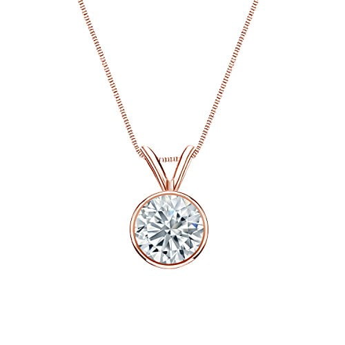14k Rose Gold Round Lab Grown Solitaire Diamond Pendant Necklace (3/4cttw, H-I, VS1-VS2) Bezel-set, 18-inch box chain by Diamond Wish