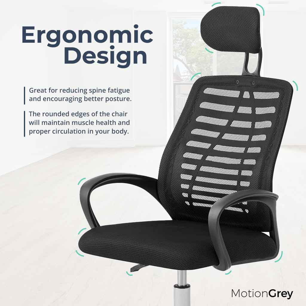 MotionGrey Stylish Ergonomic High Mesh Office Chair with Adjustable Head, Armrest & Lumbar Support - Basic