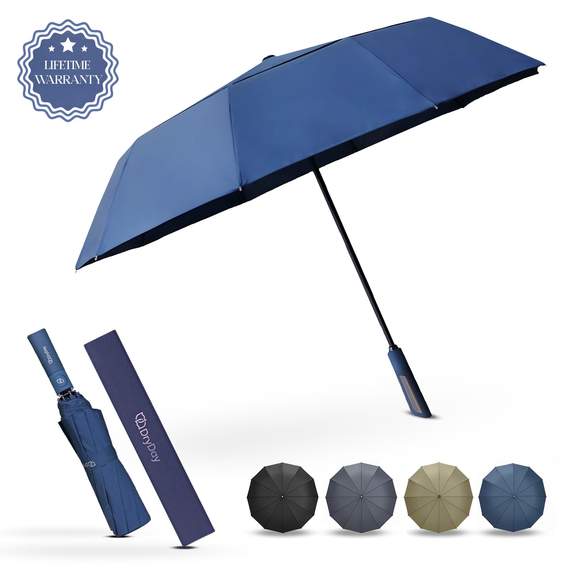 DryDay 47” Premium Umbrellas for Rain, Large Windproof Double Canopy Umbrella, 10 Aluminum Ribs, Sturdy Frame, Auto Open Close Unique Handle, Windproof & Waterproof Umbrella for Women & Men, DarkGray