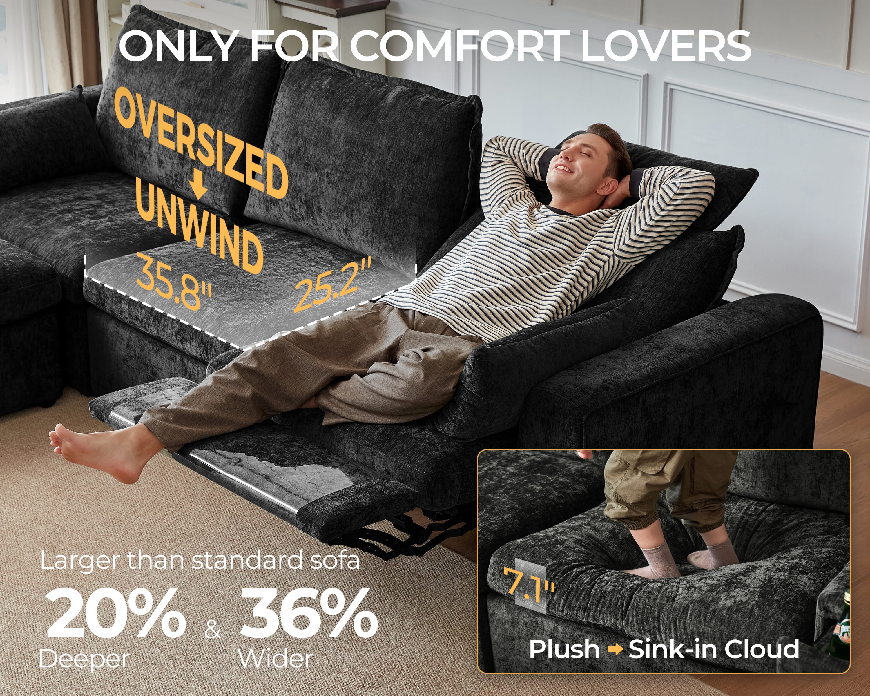 BEDEEP 125'' Power Recliner Sofa with Headrest, Modular Cloud Sectional Chenille Reclining Couch, Convertible 3-Seater Sofa Couch for Living Room RV, Black