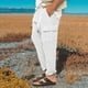 thumbnail image 4 of Pantalones largos de algodón y lino para hombre con cintura elástica y cordón ajustable, pantalones casuales de uso diario, pantalones deportivos, pantalones para hombre, 4 of 5