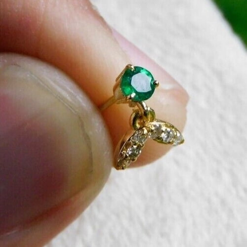 Lab Created Emerald/Diamond Nose Pin Dangler For Gift 14k Yellow Gold Plated Silver