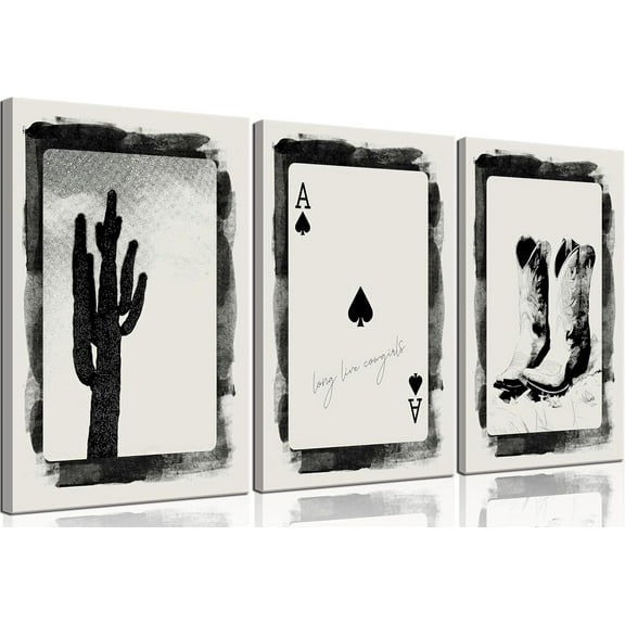 Western Cowboy Canvas Wall Art Aesthetic Black and White Cactus Cowboy boots Painting Picture Wall Decor Vintage Southwestern Desert Poster Print Artwork for Living Room Bedroom(Only canvas)