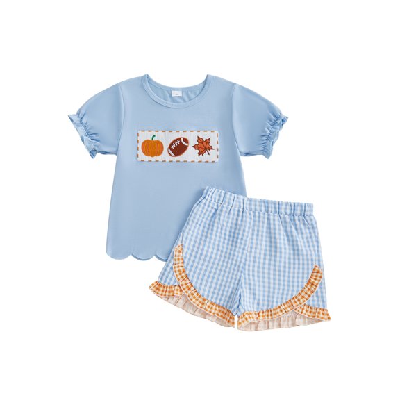 RUINIXCW Toddler Baby Girl Halloween Outfit Kids Little Girl Summer Fall Clothes Pumpkin Football Embroidery Short Sleeves T-Shirt and Plaid Ruffles Shorts Set