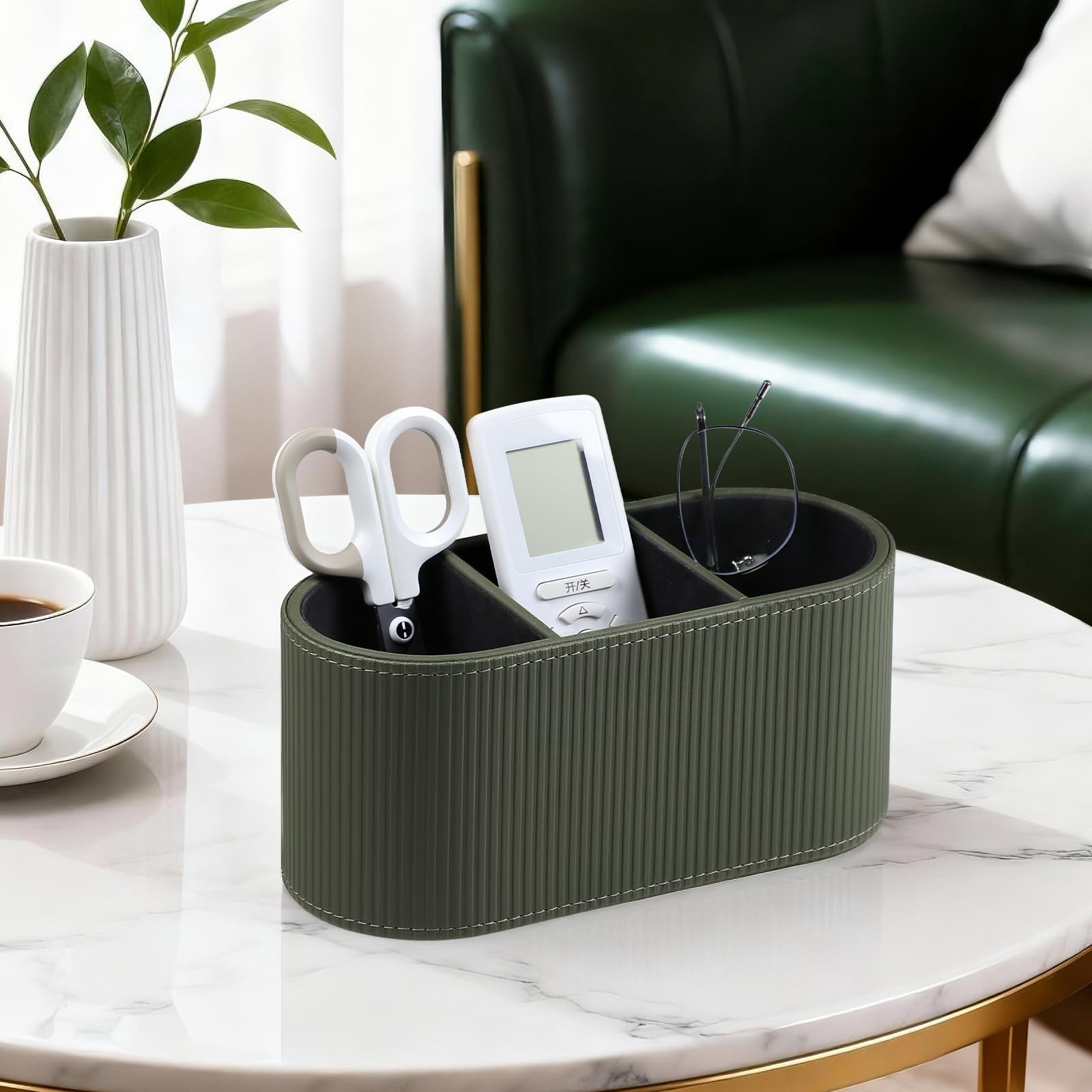 Aesthetic Remote Control Holder  Pu Leather Desktop Organizers With 3 Compartments For Home Office Supplies And Accessories Stylish Bedside Nightstand Organizer (green)