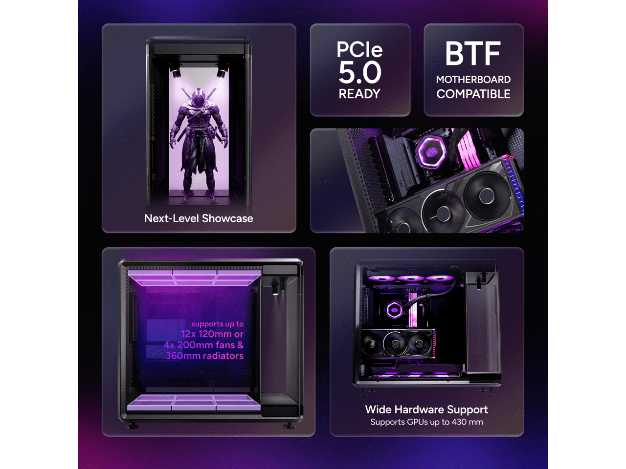 Cooler Master MasterFrame 360 Panorama Open-Frame ATX PC Case, 3-Side Panoramic Tempered Glass, 430mm GPU Max, 360mm Radiator Support, PCIe 5.0, Supports Up to 12 x 120mm Fans, USB4 Type-C