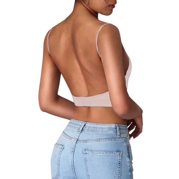 Gymayou Seamless Low Back Bra Wireless Padded Spaghetti Straps Bralette Thin Straps V Neck Backless Comfort Underwear Bra 1pc-Beige L