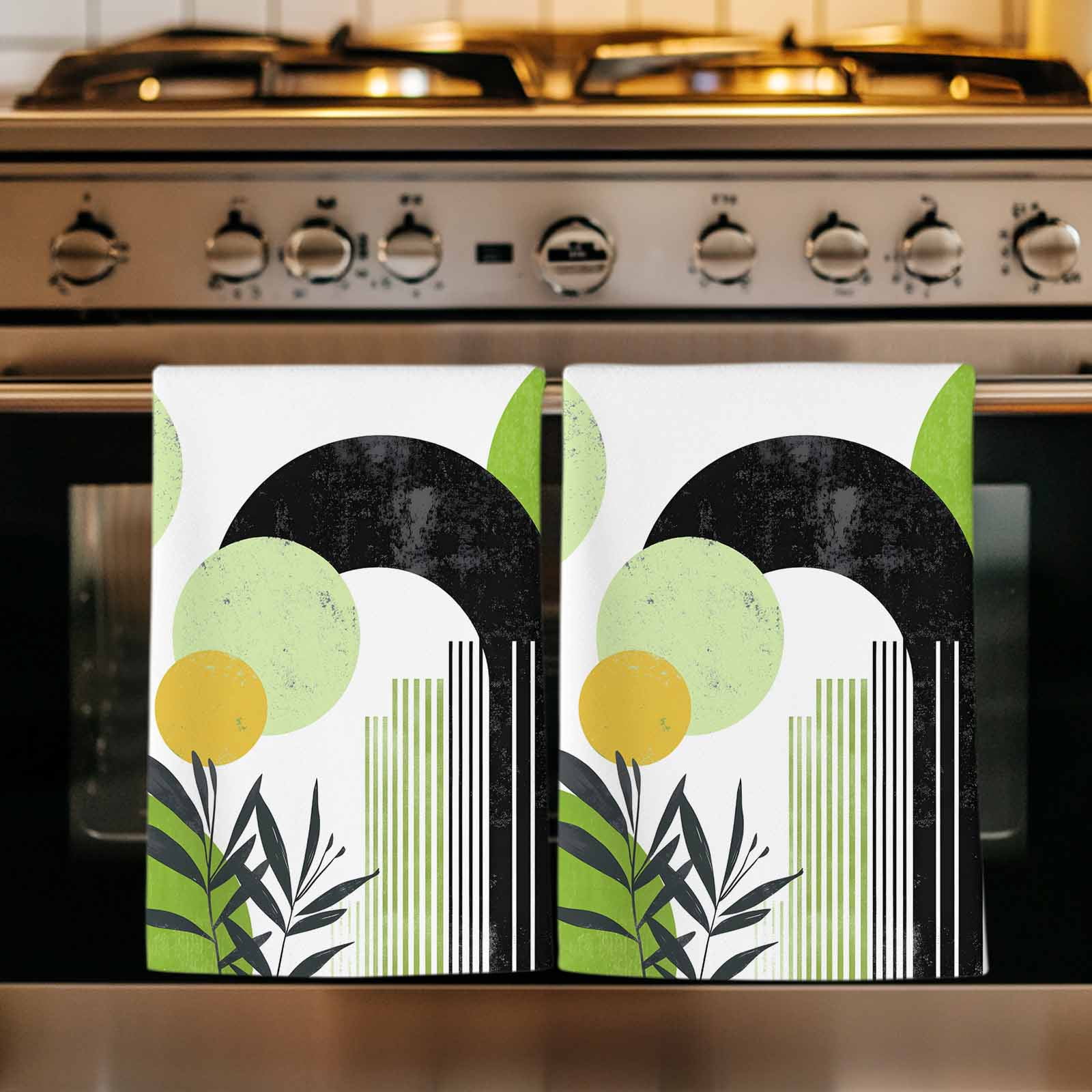 Dish Towels, Green Boho Absorbent Kitchen Towels 2 PCS, Geometric Line Leaves Microfiber Hand Towels Dish Cloths Tea Towels for Home&nbsp;Bathroom Cleaning Drying,18X28-Inch,