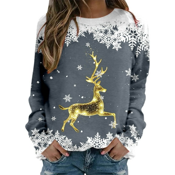 Deer Print Streetwear Crewneck Pullover Christmas Sweatshirt Long Sleeve Casual Soft Comfortable Fashion Top