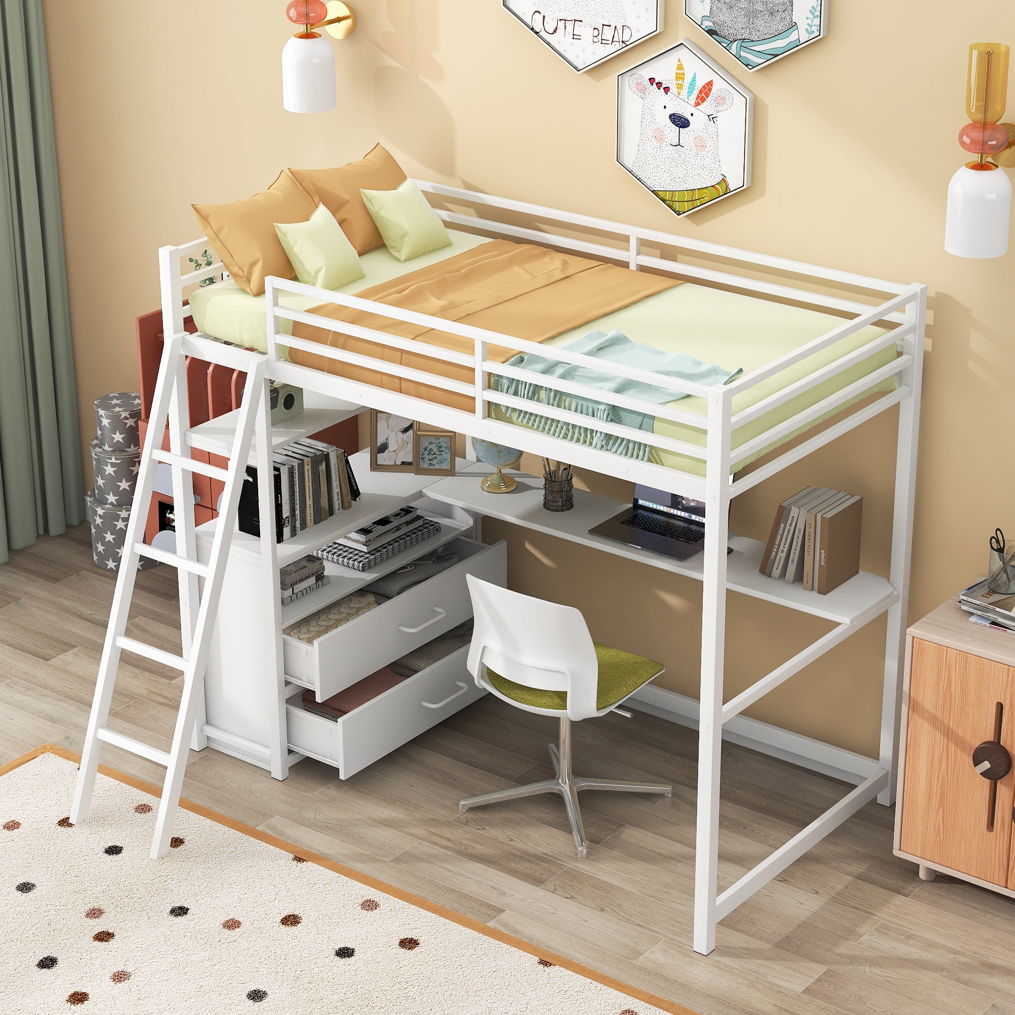 Yoneston Twin Size Loft Bed with Desk Shelve and Two Built-in Drawers, Heavy Duty Metal & Wood Loft Bed for Kids Toddles Bedroom, White