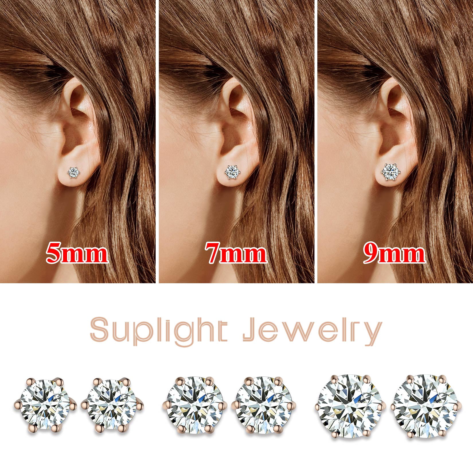 Suplight 925 Sterling Silver/Rose Gold Plated Simulated Diamond Black Cubic Zirconia Stud Earrings for Women Men